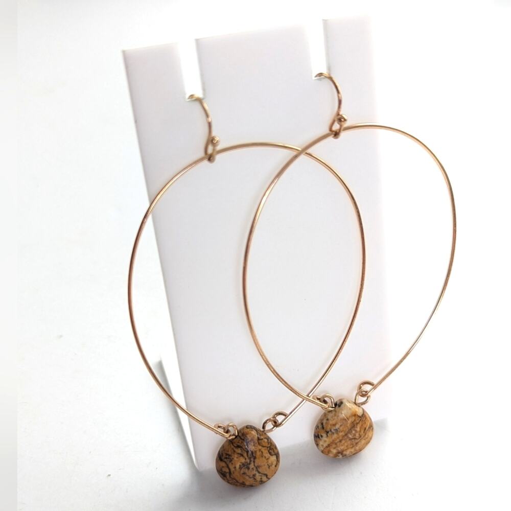 Artisan Boho Hippie Gold Tone Faceted Picture Jasper Dangle Drop Hook Earrings
